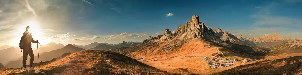 Panoramic photo of mountain pass Ra Gusela in Italy.
