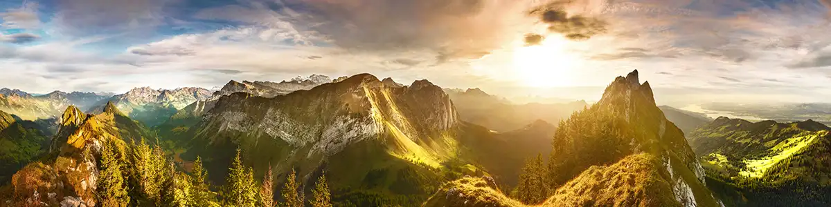 Panoramic photo of autumn mountains in Switzerland.