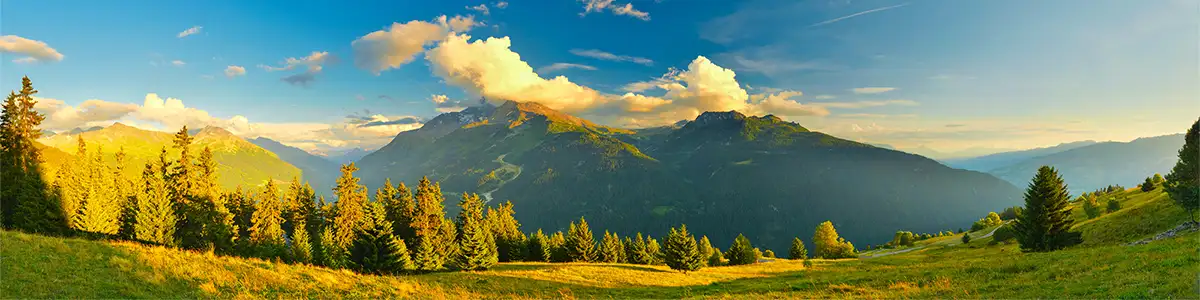 Panoramic photo of sunset mountain Pourri in the summer Alps.